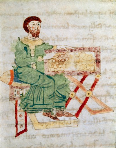 De geldwisselaar, voorloper van de bankier. Miniatuur uit het manuscript 