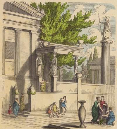 De heilige olijfboom op de Akropolis in Athene (gekleurde gravure) door German School