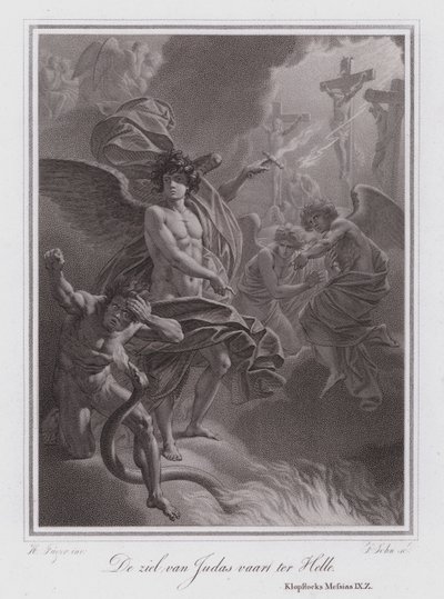 De ziel van Judas op weg naar de hel (gravure) door German School