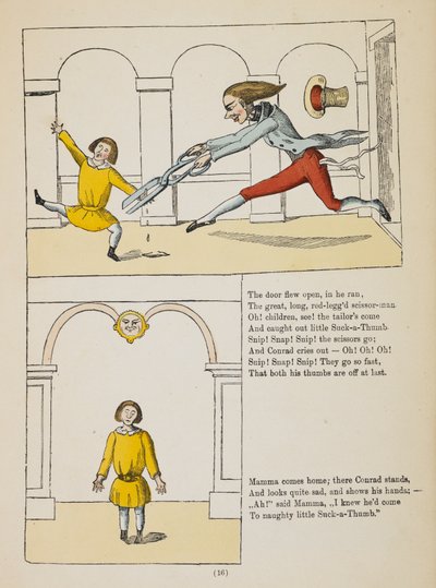 Het verhaal van kleine duimzuiger. Conrad, een kleine jongen die op zijn duimen zuigt, heeft ze afgeknipt door de schaarman, een kleermaker (gekleurde gravure) door German School