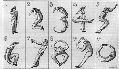 De tien figuren door Harlekijn. (Halve reductie van het origineel, uit de collectie van Gaston Tissandier). Duitse gravure uit de 18e eeuw in 