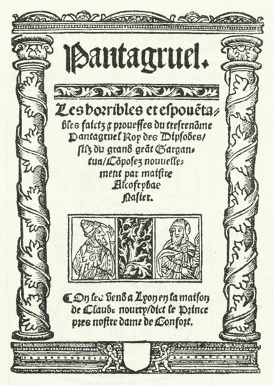 De titelpagina van de oudste bekende editie van Pantagruel, een roman van François Rabelais (gravure) door German School