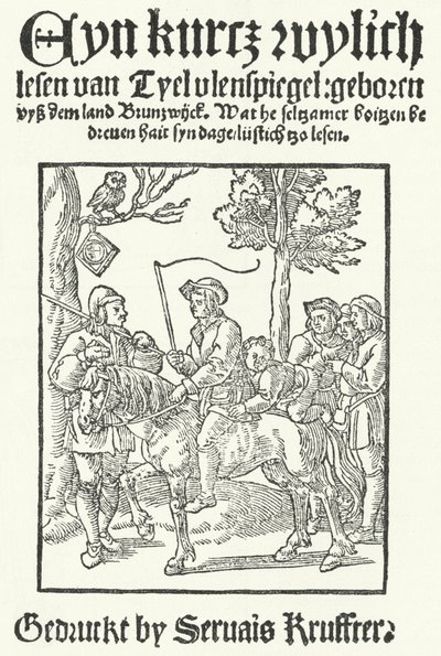 De titelpagina van de oudste bekende Nederduitse editie van Tijl Uilenspiegel, gedrukt door Servais Kruffter (gravure) door German School