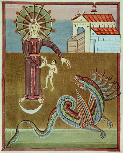 De vrouw bekleed met de zon wordt aangevallen door de draak met zeven hoofden, facsimile van de Bamberg Apocalyps door German School