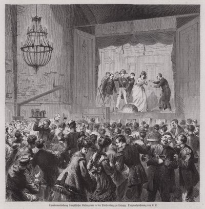 Theatervoorstelling door Franse krijgsgevangenen uit de Frans-Pruisische Oorlog in de Pleissenburg, Leipzig, Duitsland door German School