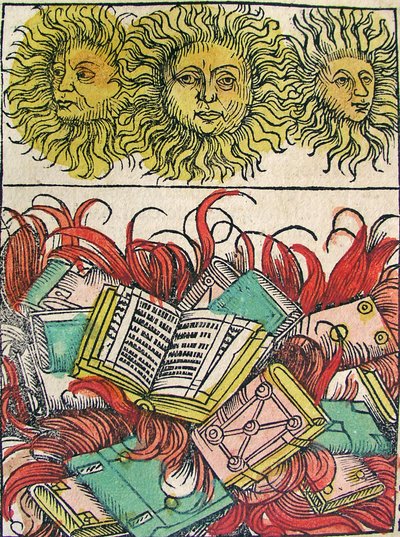 Drie Zonnen en Boekverbranding, gepubliceerd in de Neurenberg Kroniek, 1493 door German School