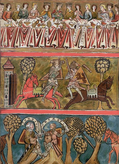 Drie scènes uit Parsifal door Wolfram von Eschenbach, facsimile van een 13e-eeuws manuscript door German School