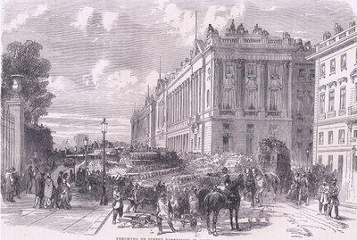 Straatbarricades opwerpen in Parijs, Cassells Geschiedenis van de oorlog tussen Frankrijk en Duitsland uitgegeven door Cassell and Company Limited, ca. 1890 door German School