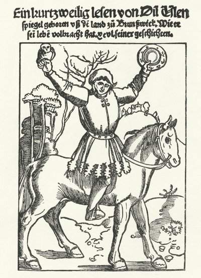 Till Eulenspiegel afgebeeld met uil en spiegel door German School