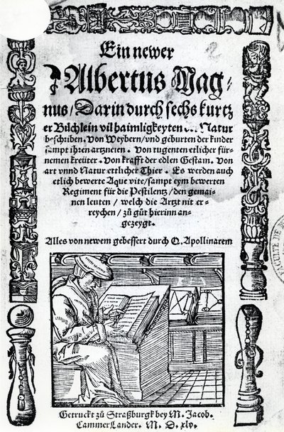Titelpagina voor een nieuwe Albertus Magnus: zes korte boeken die veel van de geheimen van de natuur beschrijven, gepubliceerd 1514 door German School