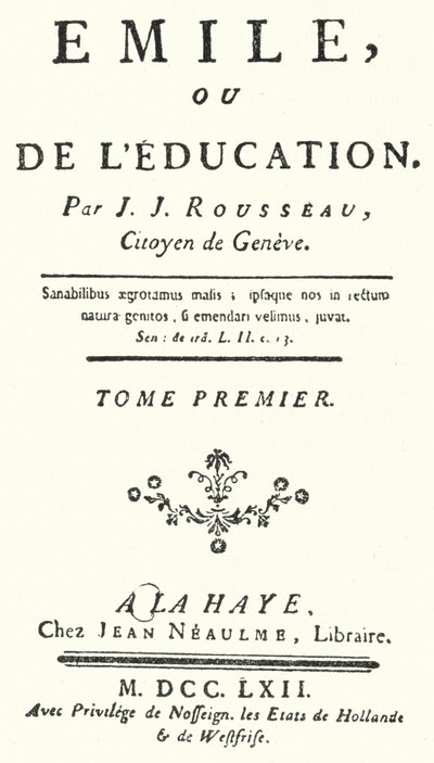 Titelpagina van de eerste editie van Emile door Jean-Jacques Rousseau, gepubliceerd in 1762 door German School