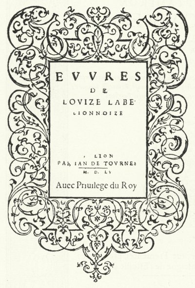Titelpagina van de eerste editie van een werk van de Franse dichter Louise Labe (gravure) door German School