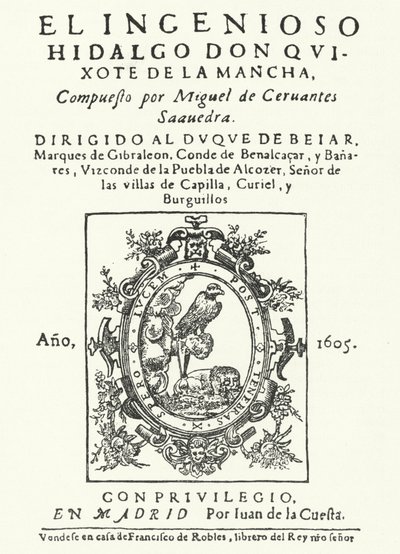 Titelpagina van de eerste editie van de roman Don Quichot, door Miguel de Cervantes (gravure) door German School