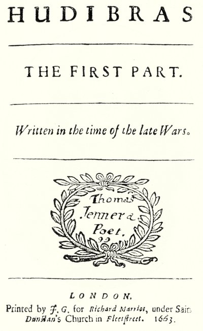 Titelpagina van het satirische gedicht Hudibras door de Engelse dichter Samuel Butler, gepubliceerd in 1663 door German School