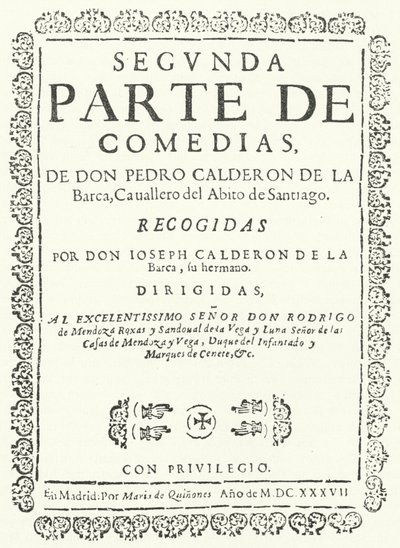 Titelpagina van het tweede van vier delen van de Comedias van Calderon, gepubliceerd in 1637 door German School
