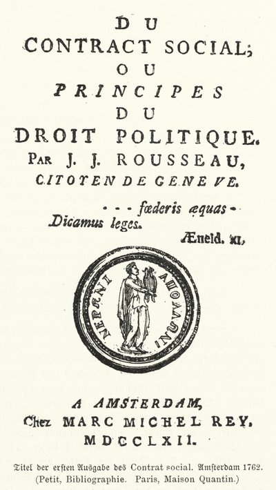 Titelpagina van de eerste editie van Het maatschappelijk verdrag, door Jean-Jacques Rousseau door German School