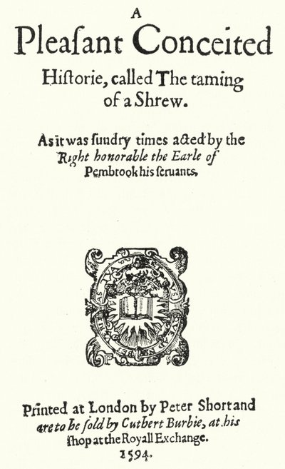 Titelpagina van de eerste editie van de Shakespeare-komedie De Getemde Feeks door German School