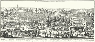 Reizigers bezoeken de geneeskrachtige bronnen in het dorp Hornhausen, 1646 (gravure) door German School