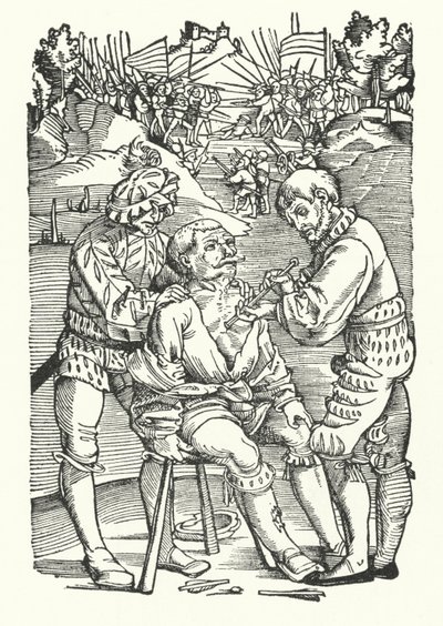 Behandeling van een gewonde soldaat op het slagveld (gravure) door German School