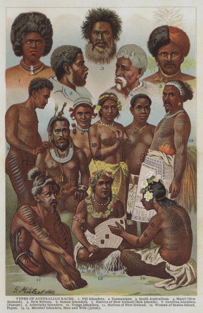 Typen van Australische rassen (kleur litho) door German School