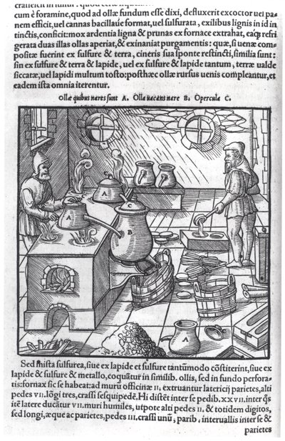 Zwavel gebruiken, uit De Re Metallica door Georg Bauer (1494-1566), bekend als Agricola door German School