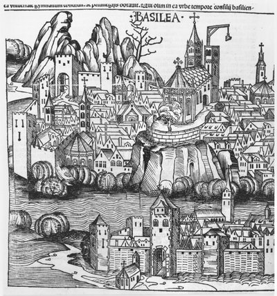 Zicht op Basel, illustratie uit de Kroniek van Neurenberg door Hartmann Schedel (1440-1514) 1493 door German School