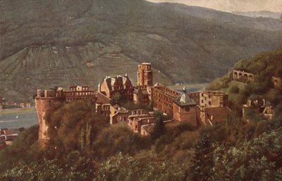 Gezicht op kasteel Heidelberg vanaf de Molkenkur (kleurenlitho) door German School