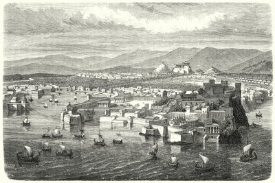 Uitzicht op het oude Athene vanaf Piraeus door German School