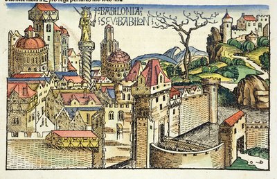 Uitzicht op de oude stad Babylon, uit de Neurenberg Kroniek door Hartmann Schedel (1440-1514) 1493 door German School