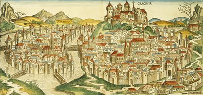 Uitzicht op de stad Krakau (Kracow), uit de Neurenberg Kroniek door Hartmann Schedel (1440-1514) 1493 door German School
