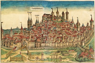 Zicht op de stad Neurenberg, gepubliceerd in de Neurenberg Kroniek, 1493 door German School