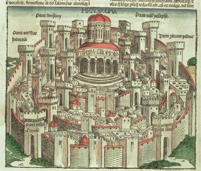 Uitzicht op de ommuurde stad Jeruzalem met de Tempel van Salomo en de stadspoorten, uit de Neurenberg Kroniek door Hartmann Schedel (1440-1514) 1493 door German School