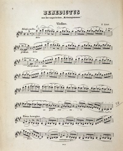Vioolpartituurpagina van Hongaarse Kroningsmis door Franz Liszt door German School