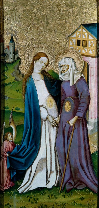 Visitatie. Ontmoeting tussen de Maagd Maria en Sint-Elizabeth. Schilderij van de Duitse school door German School