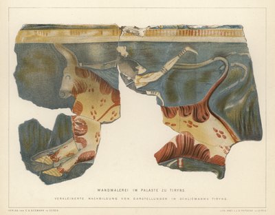 Muurschildering uit het Myceense paleis in Tiryns, Griekenland, opgegraven door de Duitse archeoloog Heinrich Schliemann door German School