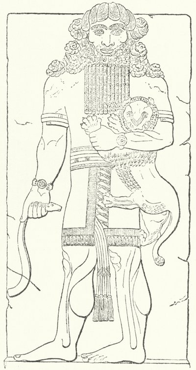 Wandreliëf van Gilgamesh uit de ruïnes van Dur-Sharrukin, hoofdstad van de Assyriërs ten tijde van koning Sargon II (gravure) door German School