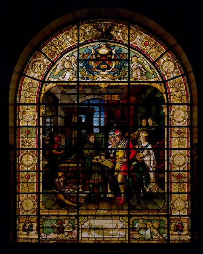 William Caxton toont zijn eerste gedrukte boek aan Edward IV en zijn vrouw, Elizabeth Woodville in 1477, door Mayer en Co., München door German School