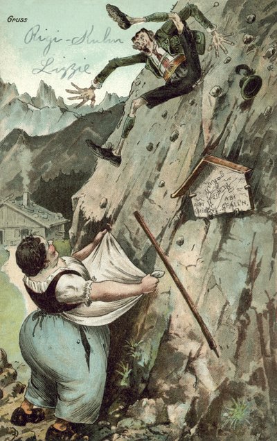 Vrouw vangt man die van berg valt (kleur litho) door German School