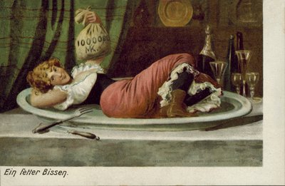 Vrouw liggend op een schotel met een geldzak (kleurenlitho) door German School