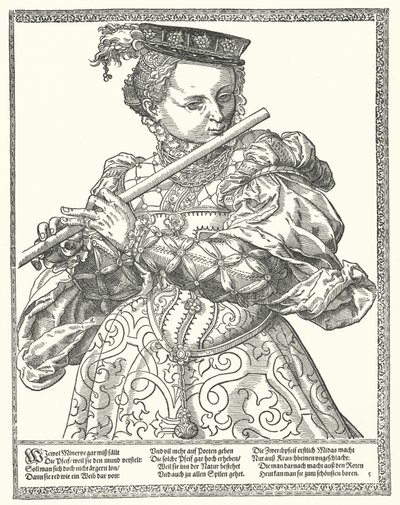 Vrouw die een fluit speelt (gravure) door German School