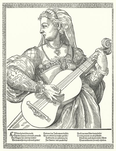 Vrouw die een gitaar speelt (gravure) door German School