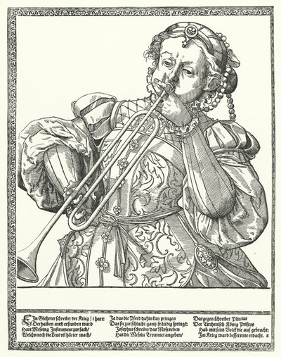 Vrouw die een trombone of sackbut bespeelt door German School