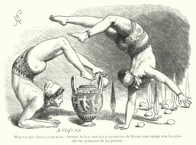 Vrouwen die gymnastiek beoefenen in het oude Griekenland: zwaarddans en een vat vullen met de voeten door German School
