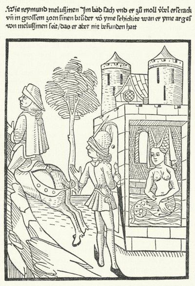 Houtsnede die een scène uit de legende van Melusine afbeeldt door German School