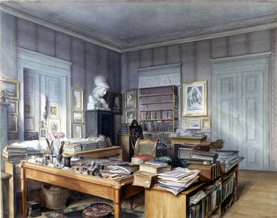 Werkruimte van Wilhelm Grimm in Berlijn, Linkstrasse 7. Gravure door Mr. Hoffmann. Nationalmuseum, Neurenberg. 1860 door German School