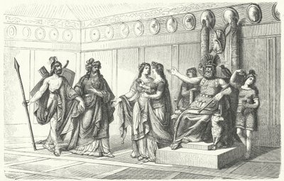 Wotan ontvangt de muzikanten geïntroduceerd door Bragi, de god van poëzie en zang door German School