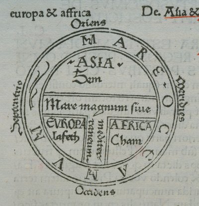 f.177v T-in-O kaart, met letterpress plaatsnamen, uit Isidore van Sevilla, Liber Etimologiarvm door German School
