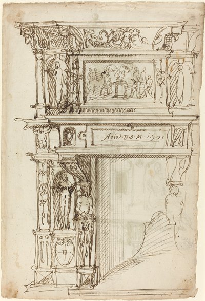 Paleisachtige schoorsteenmantel met een scène van oud offer [recto] door German or Austrian 16th Century