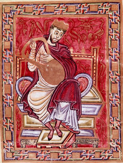 Voorstelling van koning David die de lier bespeelt. Miniatuur uit het codex van Egbert (Codex Egberti) door de school van Reichenau 980 Cividale del Friuli, archeologisch museum of kathedraal van Cividale door German School