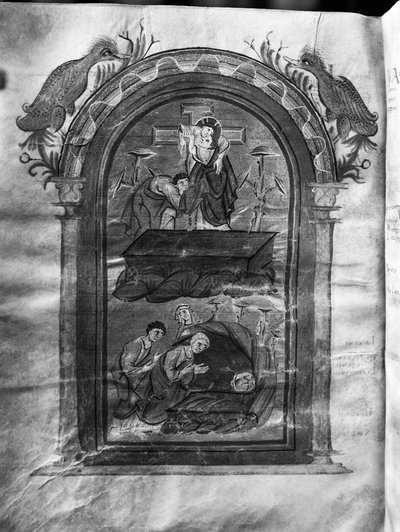 f.234v, Afdaling van het kruis en bezoek van de discipelen bij het graf, Liuthar-Evangeliar / Otto-Evangeliar, c.990 door German School